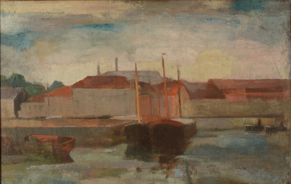 Jan Willem Grinwis Plaat Stultjes — Le Port - paysage industriel, huile sur toile des années '20