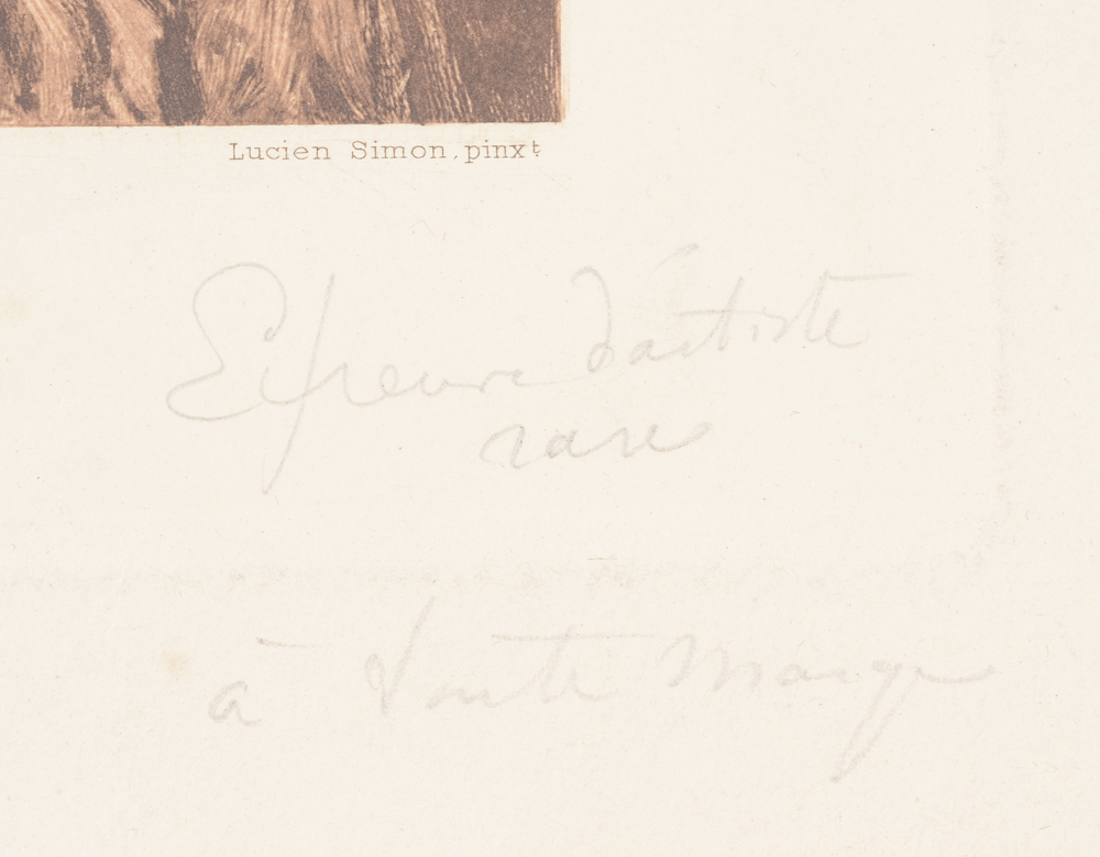 Armand Heins 'Le Gouter' E.A. — 'Epreuve d'artiste rare' and 'à toute marge' written on the bottom right. 'Lucien Simon pinx' written on the photogravure bottom right.