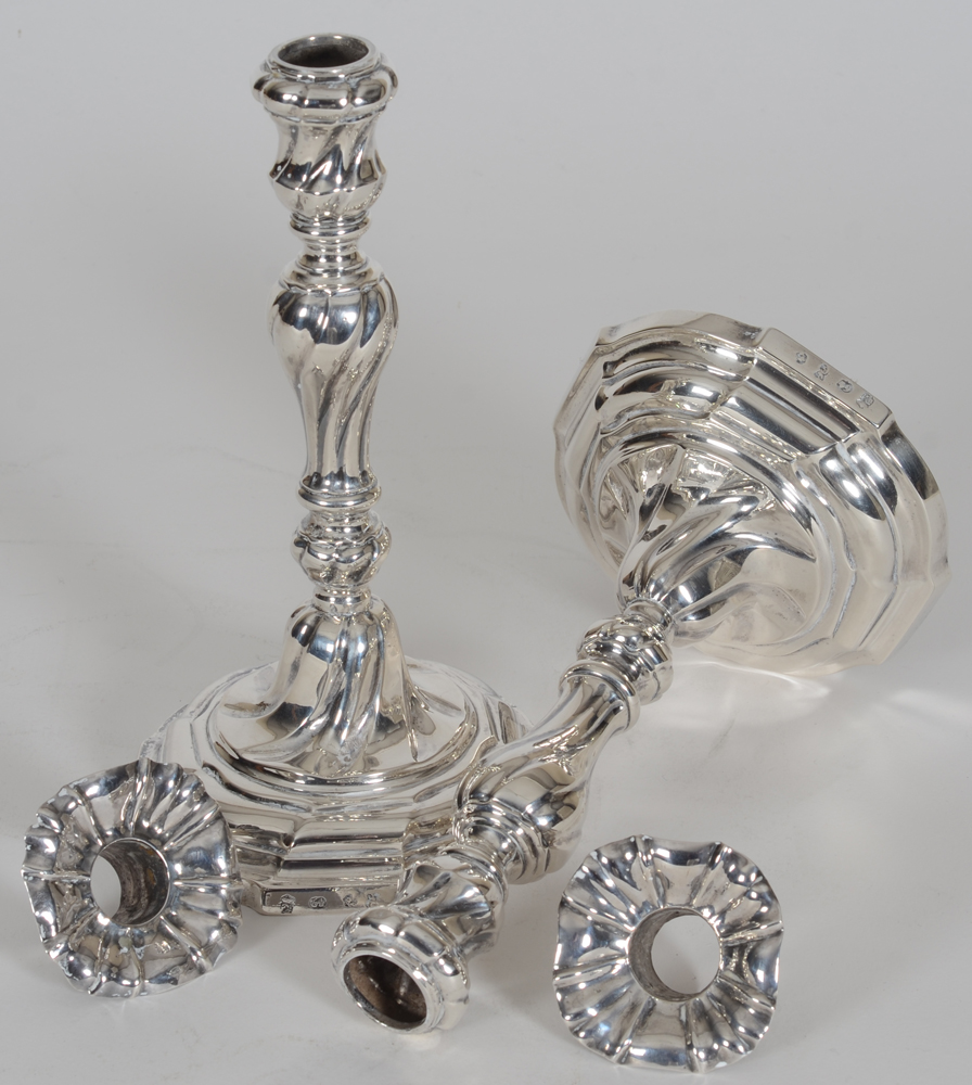 Michiel De Grave, a pair of 18th century silver candlesticks — Alternate view with nozzles detached