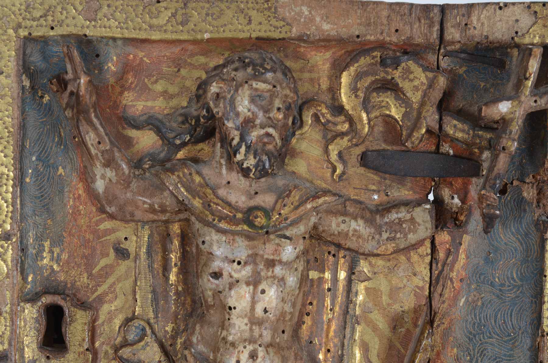 An antique tabernacle door in polychromed wood, possibly Southern Europe — <p>Detail of the christ figure</p>