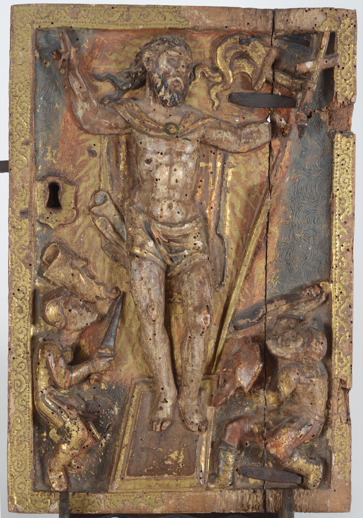 An antique tabernacle door in polychromed wood, possibly Southern Europe — <p>View from up close</p>