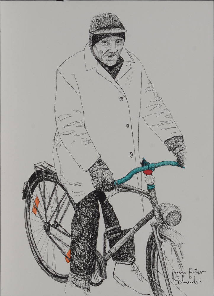 Jurgen Schneider Groene fietsen  — Dessin d'un homme sur une bicyclette. Titre et signature de l'artiste en bas à droite.