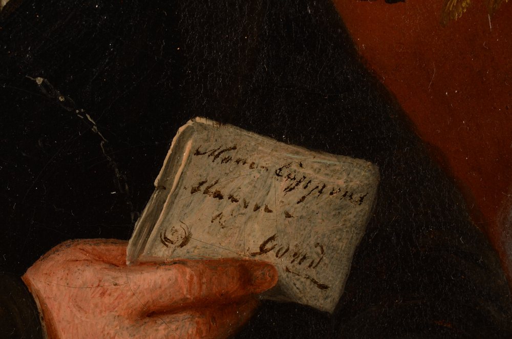 Jean Baptiste Tetar Van Elven — Detail of the letter held by the father showing a name and an address in the city of Gent