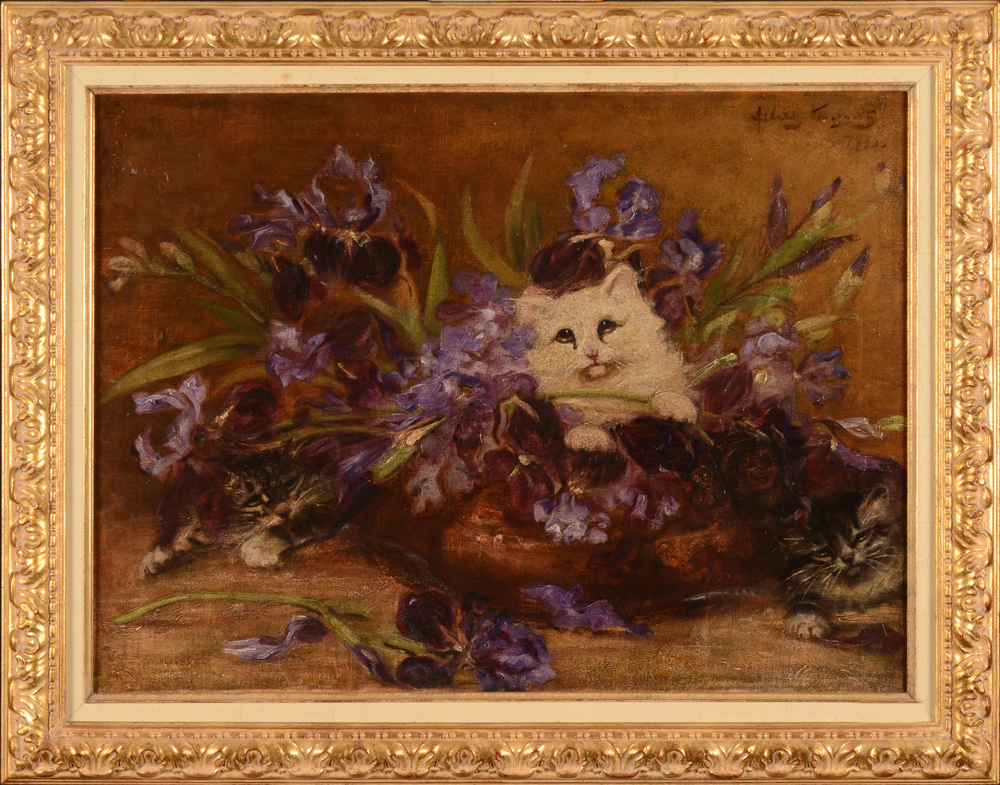 Albert Toefaert — Petits chats jouant cache-cache dans les Lys, huile sur toile de 1899.