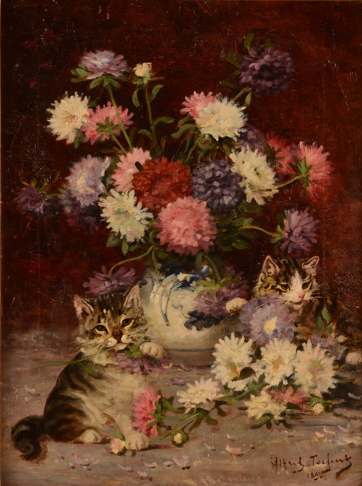Albert Toefaert — Chatons et fleurs, huile sur toile signée et datée
