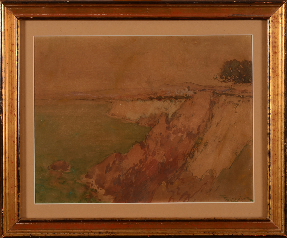 Fernand Toussaint — Vue d'un bord de mer, avec une ville en distance, aquarelle sur papier, signée