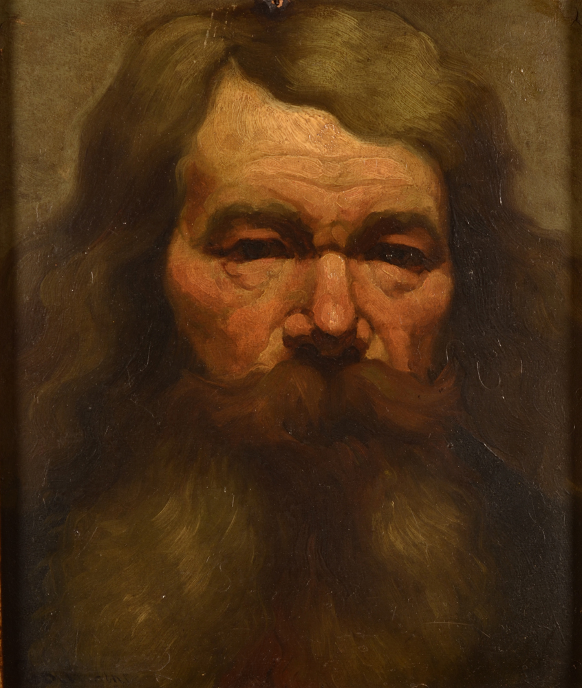 Toussaint — Portrait réaliste d'un homme barbu, huile sur carton signée Toussaint?