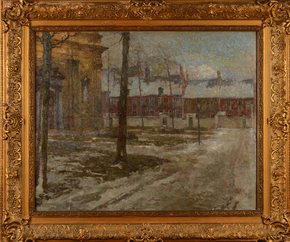 Carolus Tremerie — Le petit beguinage de Gand dans la neige, grand huile sur toile dans un cadre d'origine