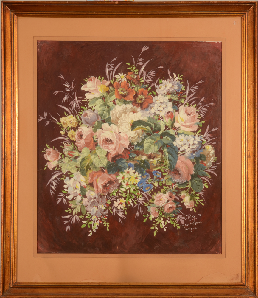 E. Triby decorative summer flowers — framed behind glass