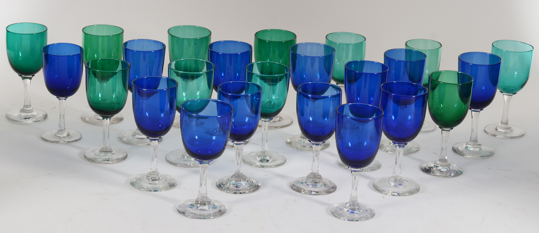 A collection of turn of the century coloured glasses, ca. 1900 — <p>View from the front, showing the difference in colour</p>