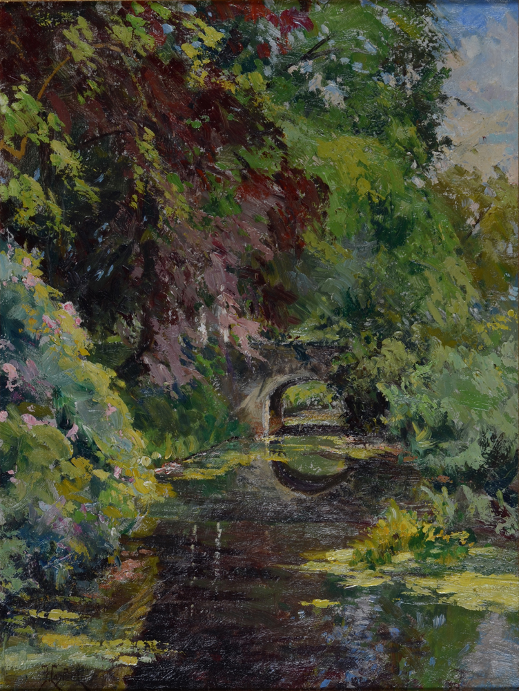 Joseph Roger Caspeele — huile sur toile signée, vue d'un fossé de château en été, près de Gand