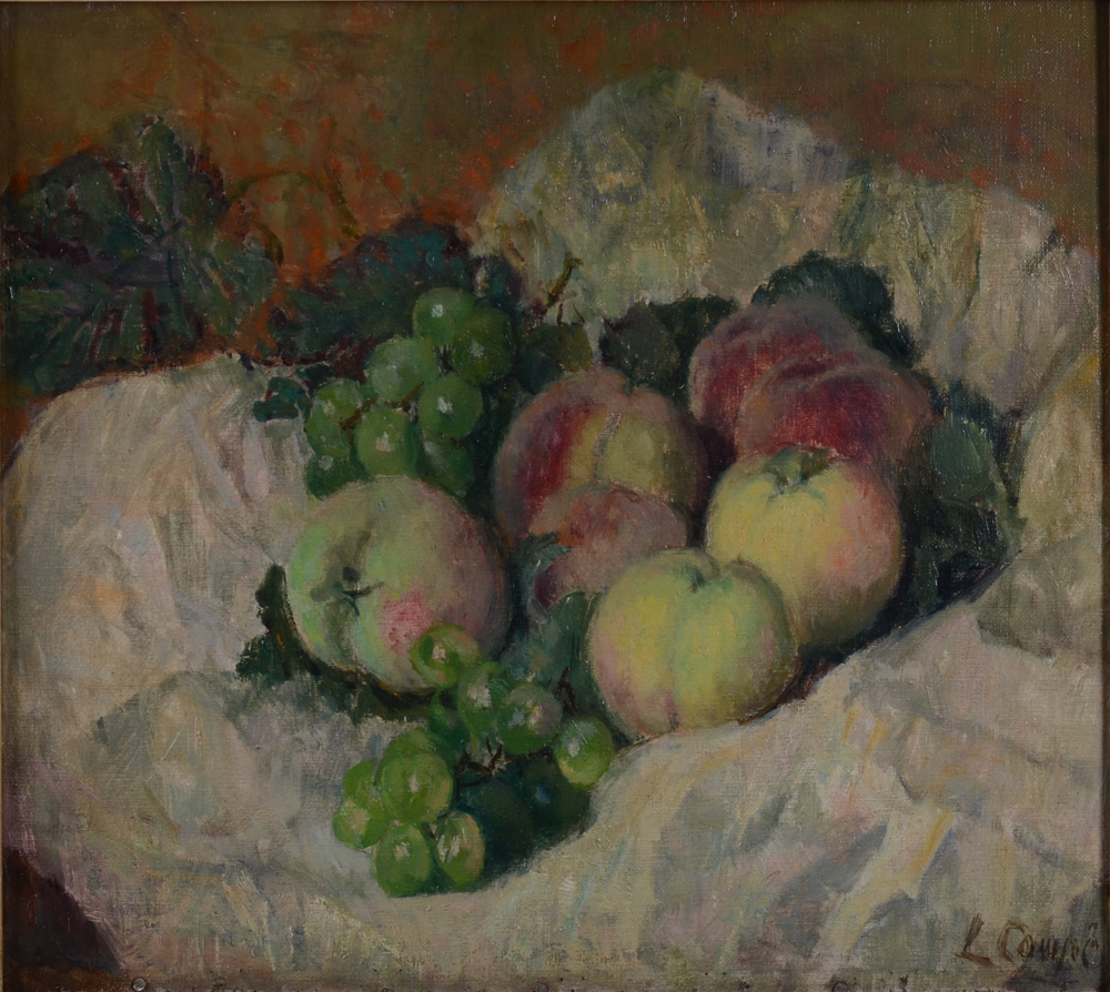 Louise Coupé — Pommes et raisins, huile sur toile signée