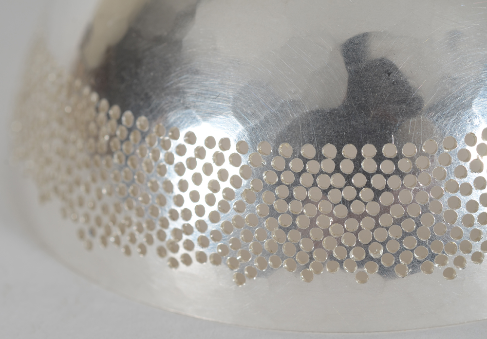 Helena Schepens, Hole Bowl, 2026, the multiple art object in sterling silver — Detail of the hole pattern