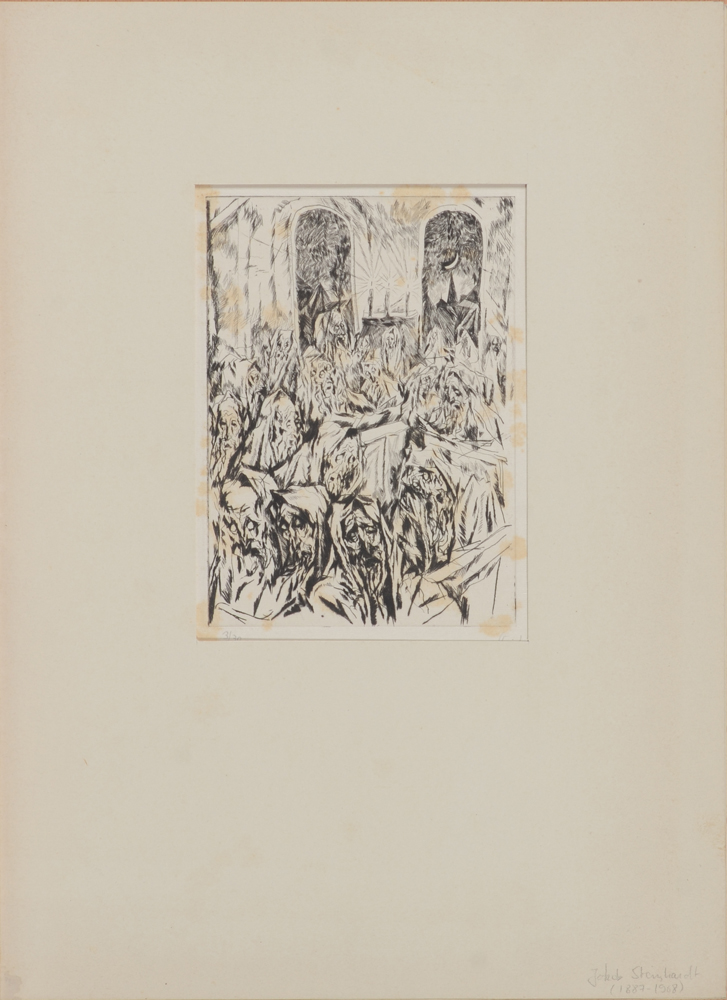 Jakob Steinhardt Prayers at the synagogue  Etching 1913 — Eau-forte expressionniste, signée et justifiée par l'artiste&nbsp;
