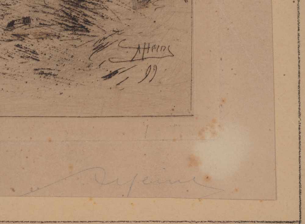Armand Heins Maisonnettes de pêcheurs signature — Signature of the artist and date on the etching. Signature also present in pencil underneath