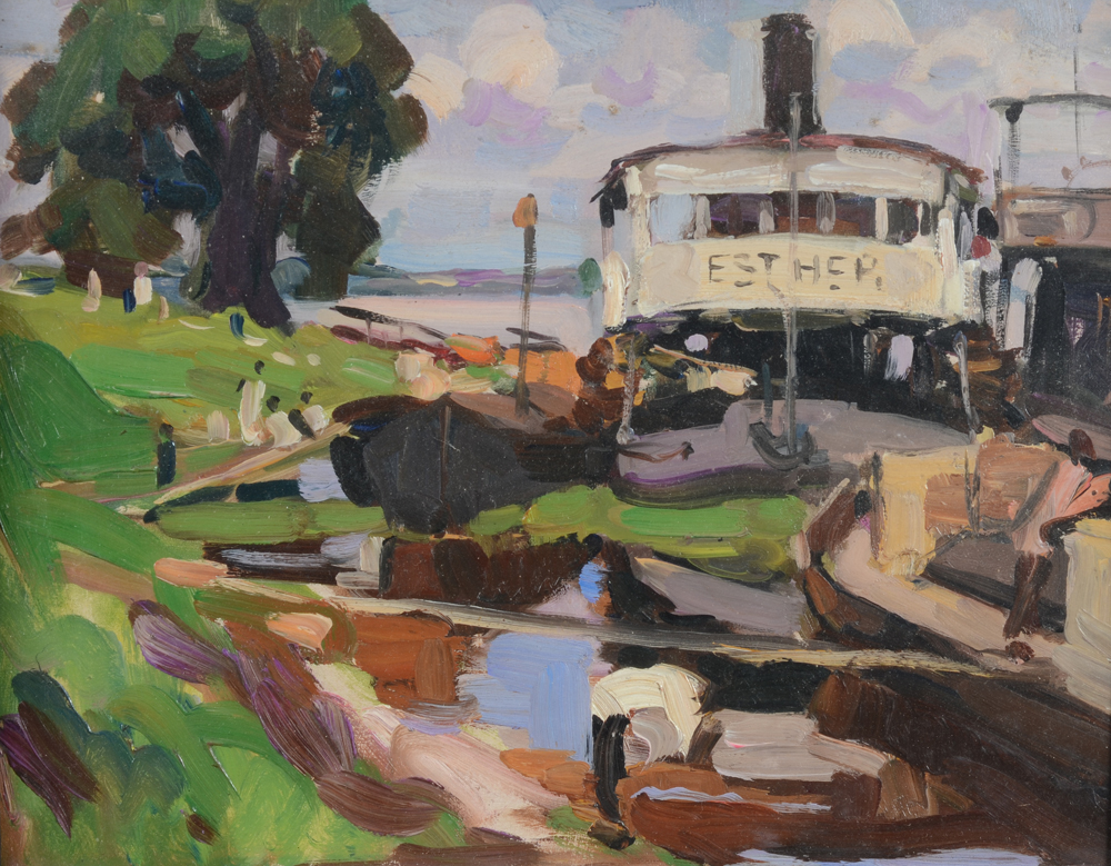 Guilherme d'Oliveira Marques — A boat on the river Congo, oil on panel