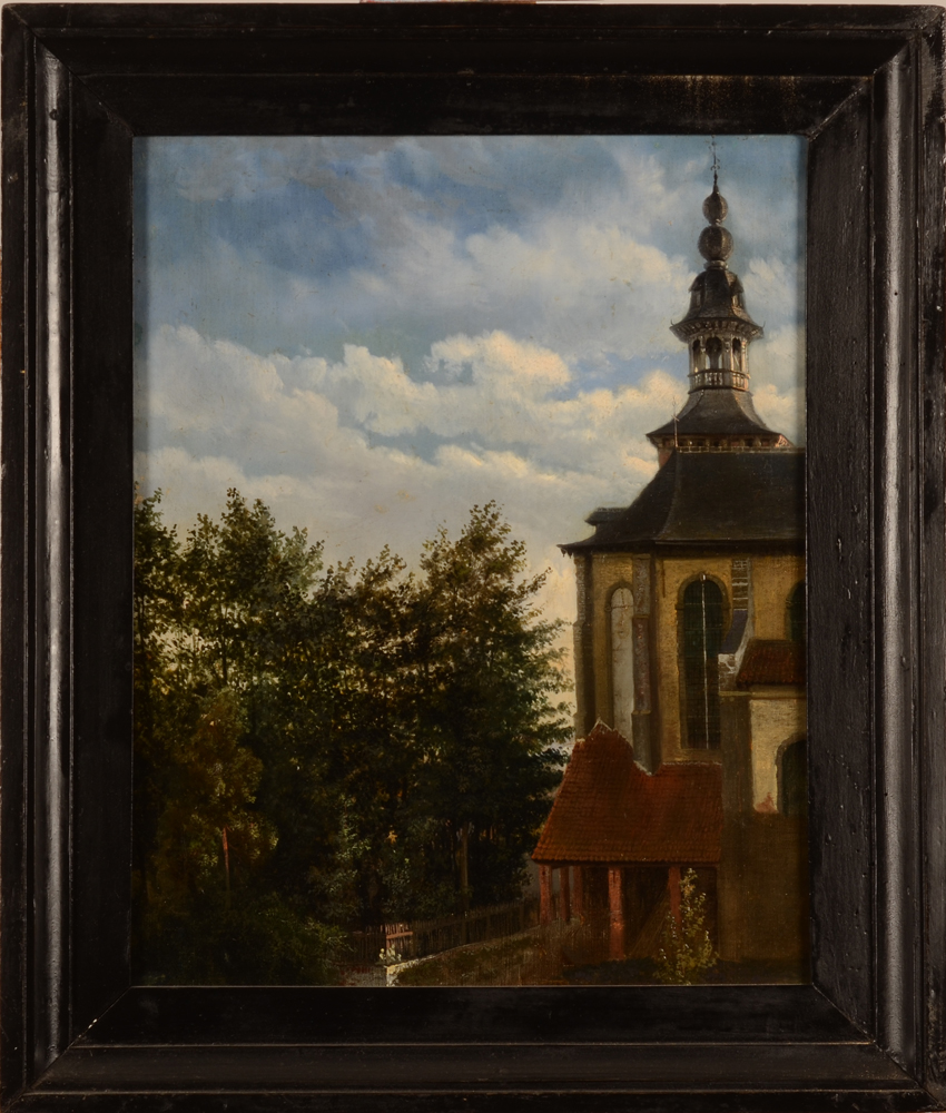 Unknown follower of François Boulanger, 19th century oil painting — detailed impression of a clock tower and garden lit by a delicate sun