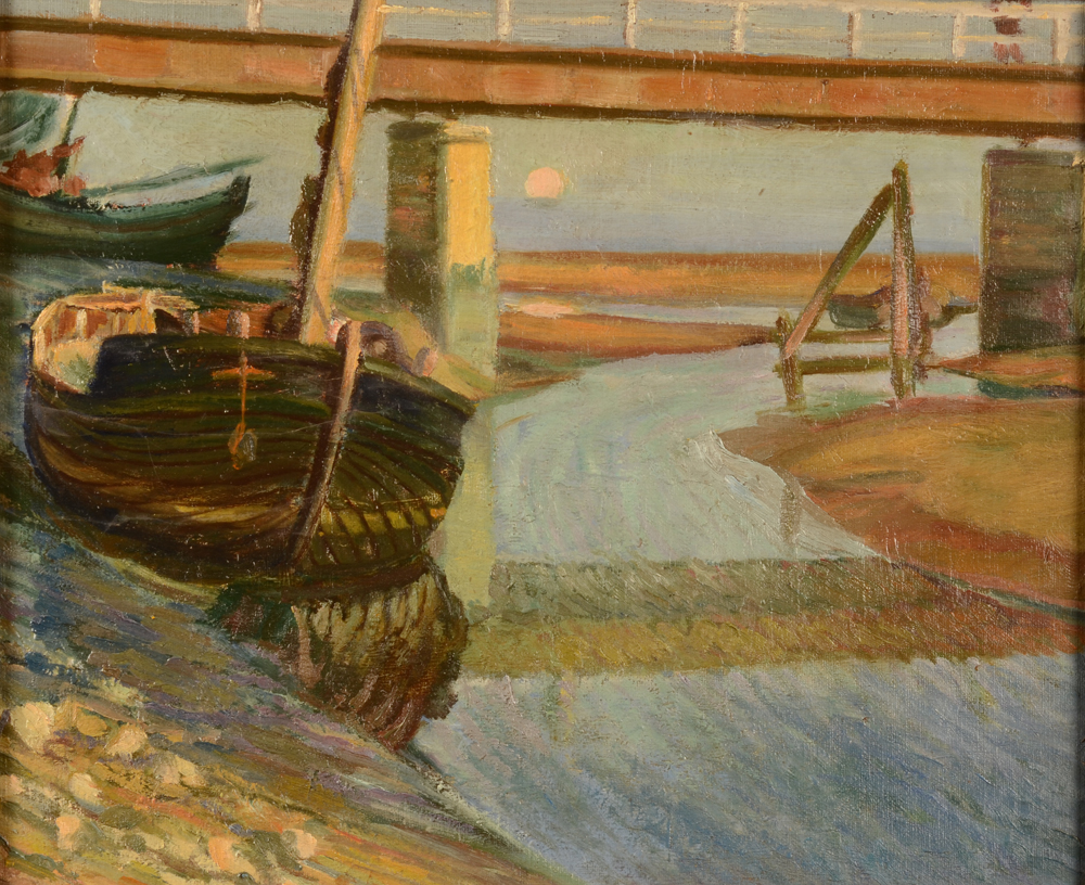 Unknown impressionist artist  — vue de rivière, marée basse avec des bateaux, artiste non identifié, huile sur carton