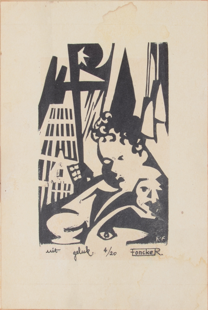 Richard Foncke 'Geluk', linocut — One of the three linocuts by Foncke, signed by the artist on the bottom right.