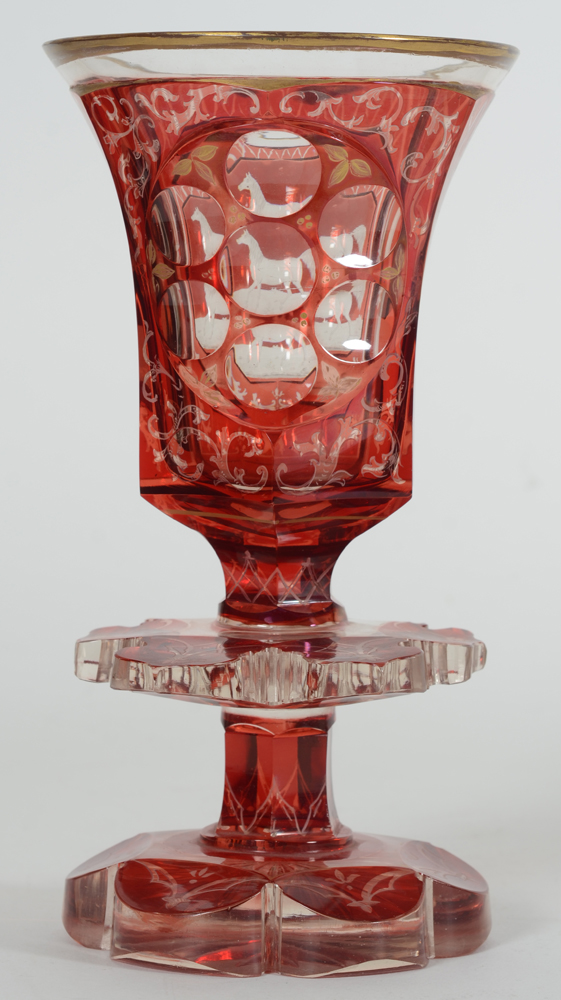 A Bohemian ruby red overlay glass beaker with standing horse, 19th century — Back with circular motifs