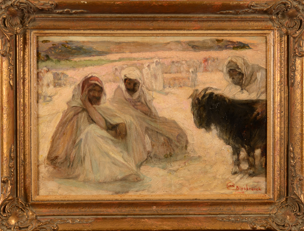 Jules Van Biesbroeck — Les Bedouins assis, huile sur papier, marouflé sur panneau, signée