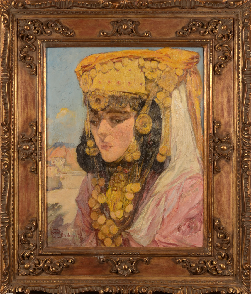 Jules Van Biesbroeck — huile sur panneau, signée, une Algérienne en tenu de marriage