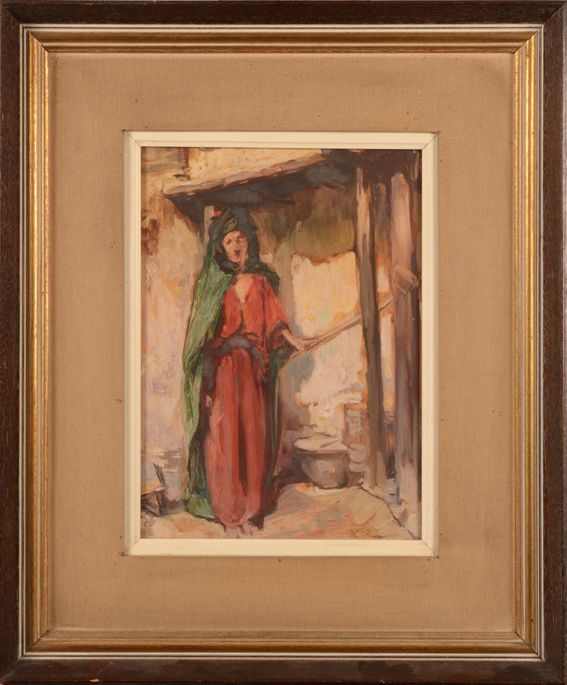 Jules Van Biesbroeck — Etude en huile d'une femme en robe rouge avec une voile verte, signée