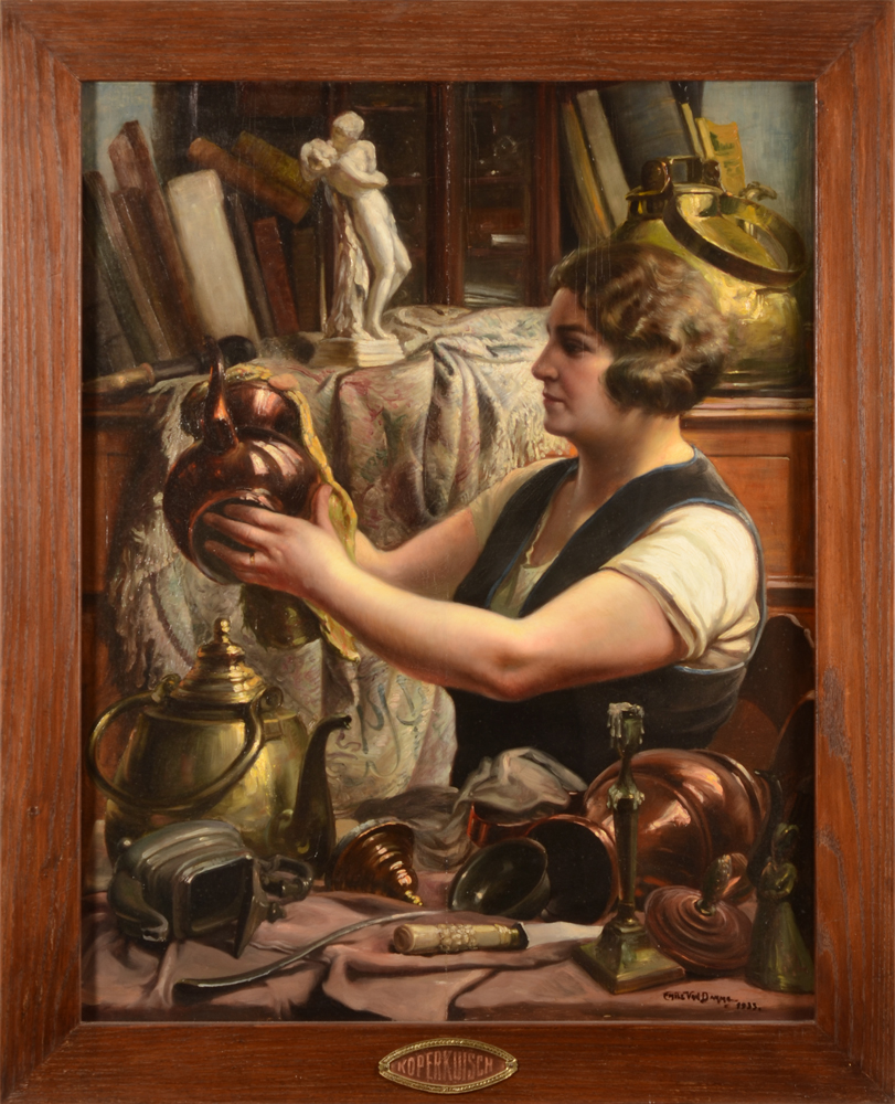 ??Emile Van Damme — Le nettoyage des cuivres, 1933, huile sur panneau dans le cadre d'origine