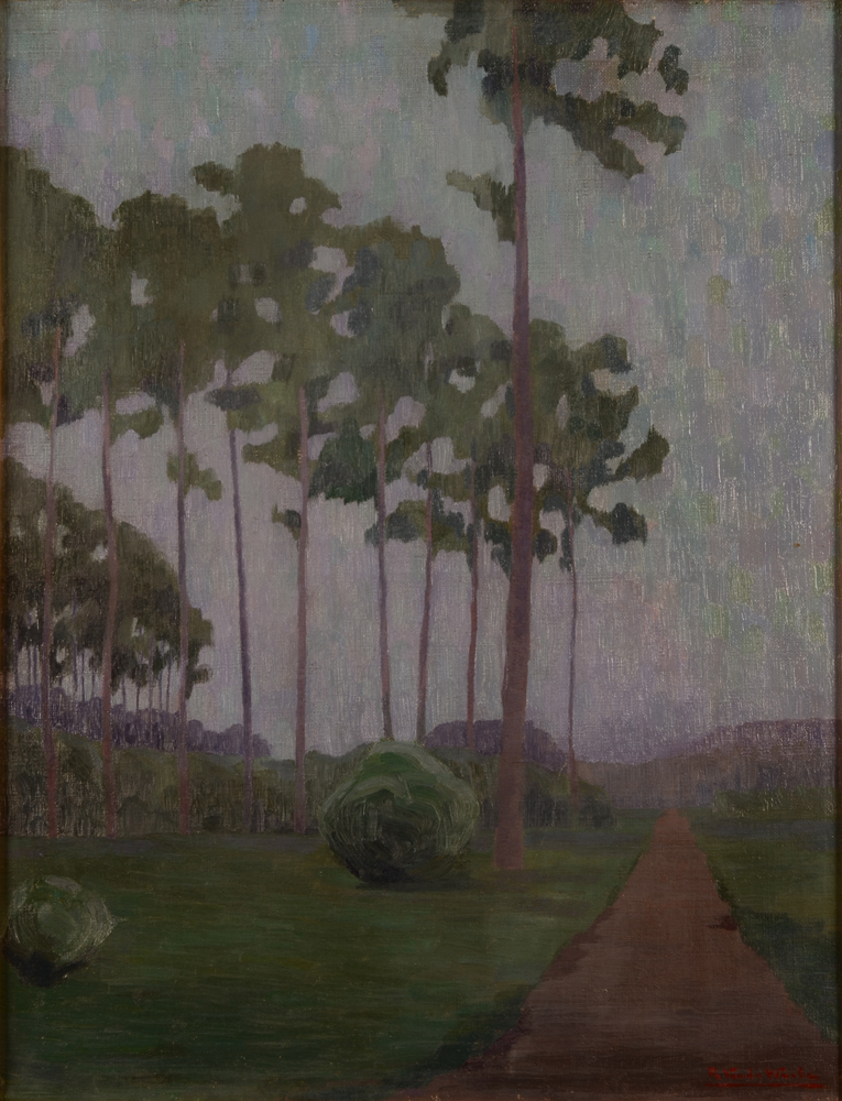 Raymond Van de Waele — Paysage symboliste mais dans le style moderniste, huile sur toile signée