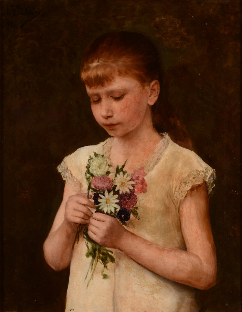 Nicolas Van den Eeden — Fille avec un bouquet de fleurs sauvages, 1881, rare huile sur toile de cet artiste gantois