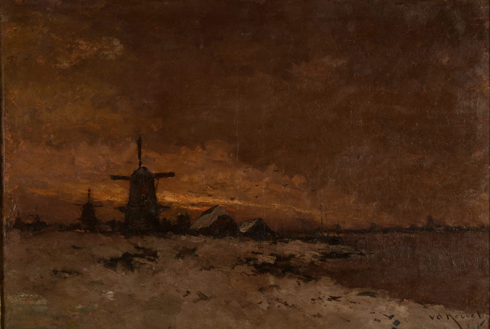 Van den Heuvel — Vue de neige avec moulins à vent, huile sur toile, signée