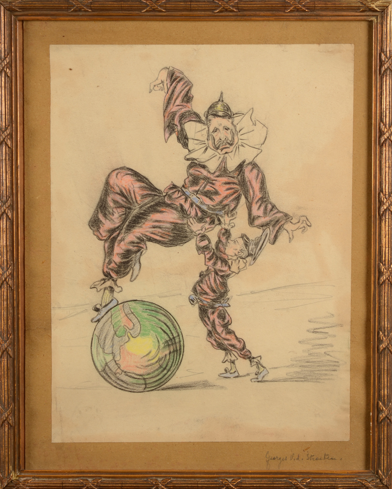 Georges Van der Straeten — <p>Caricature du 'Kaiser', en clown essayant de se balancer sur le monde, dessin original</p>