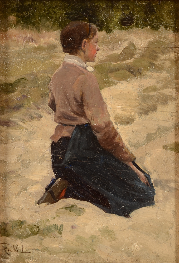 Frans van Leemputten — Etude de fille à genoux, huile sur panneau, signée avec le monogramme