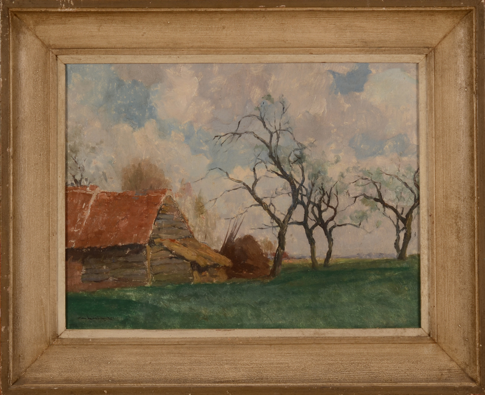 Karel Van Lerberghe The Apple Trees — oil on board in its frame