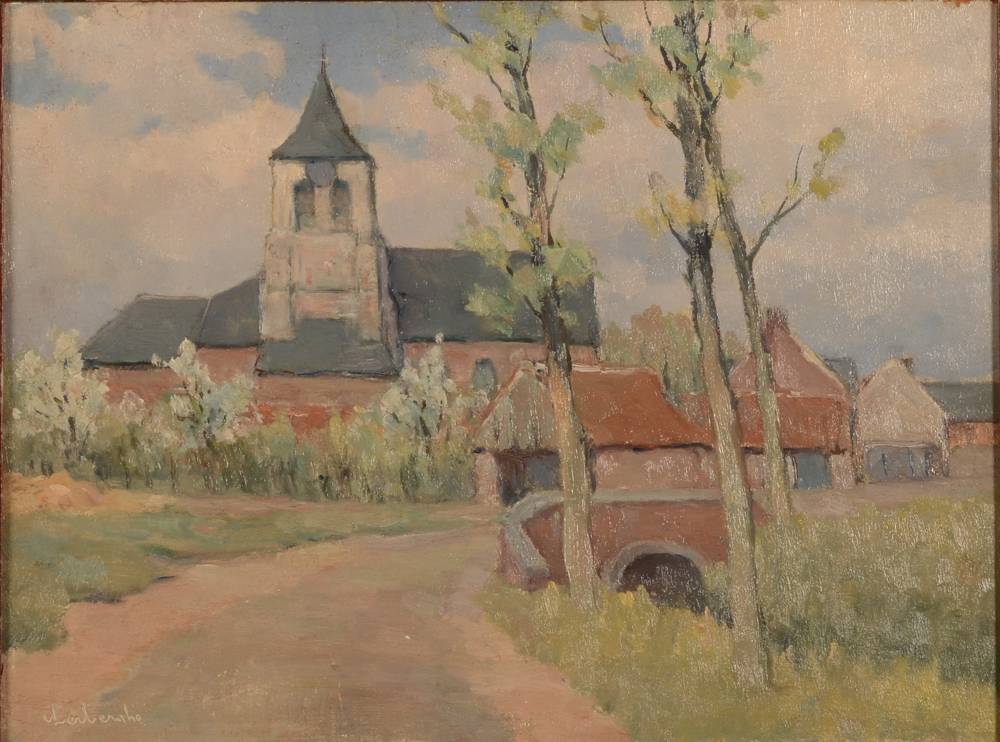 Karel Van Lerberghe — Vue de village en Flandre, huile sur panneau signée