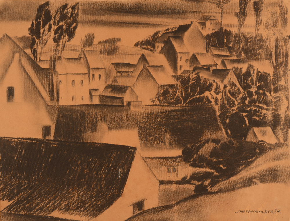 Jan Van Malderen — Dessin expressioniste, vue d'une village, signé