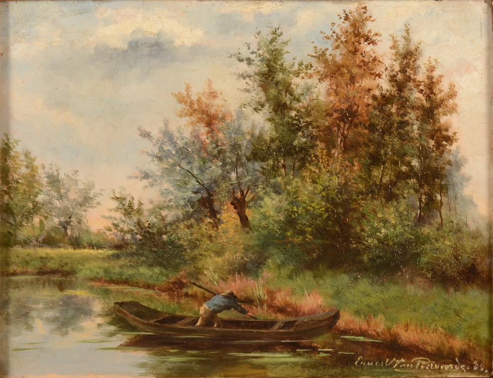 Ernest Van Poelvoorde — Homme dans un bateau sur une rivière près de Gand, huile sur panneau, signée et datée 1880