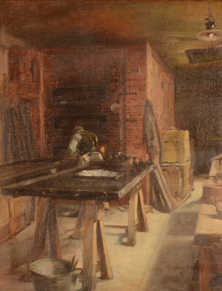 Van Quekelberghe Ernest Bakery — huile sur toile, boulanger au travail dans son atelier