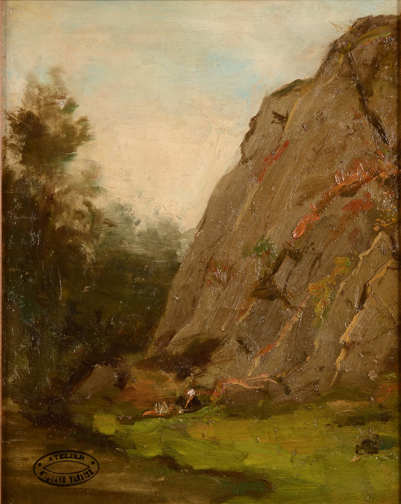 Gustave Vanaise — Un pique-nique pres des rochers, huile sur toile maroufle, signe avec le cachet d'atelier