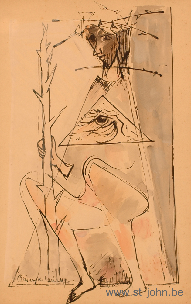 Arie Van de Giessen — <p>
	<strong>Arie Van de Giessen</strong> (1896-1950), Christ and the all seeing eye, mixed media on paper, 50 x 32 cm, signed &amp; dated bottom left, exhibition labels 1990 Vaalbeek &amp; 2001 As on the back.</p>