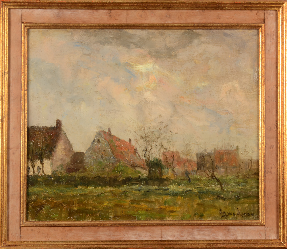 Gustaaf Van Loon — Paysage avec ferme, huile sur toile signée