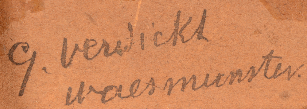 Ghisleen Verdickt — Signature of the artist and localisation on the back of the setting sun landscape