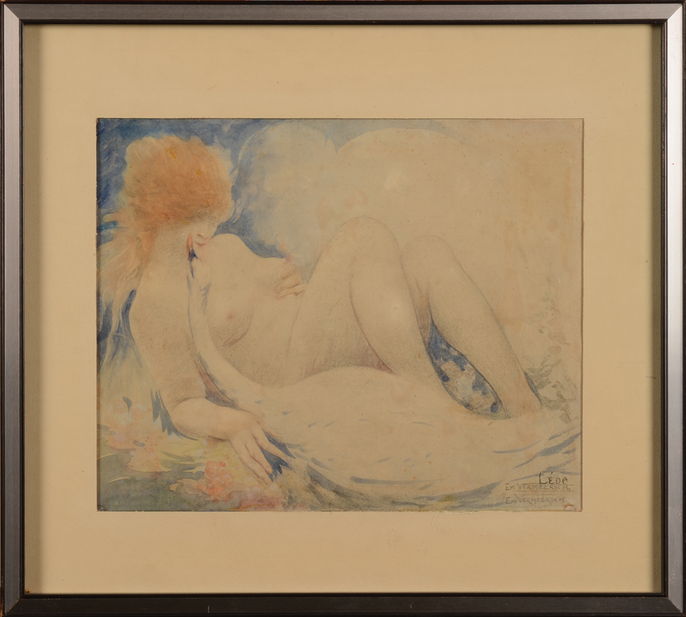 Emile Vermeersch — Léda et le cygne, aquarelle signée