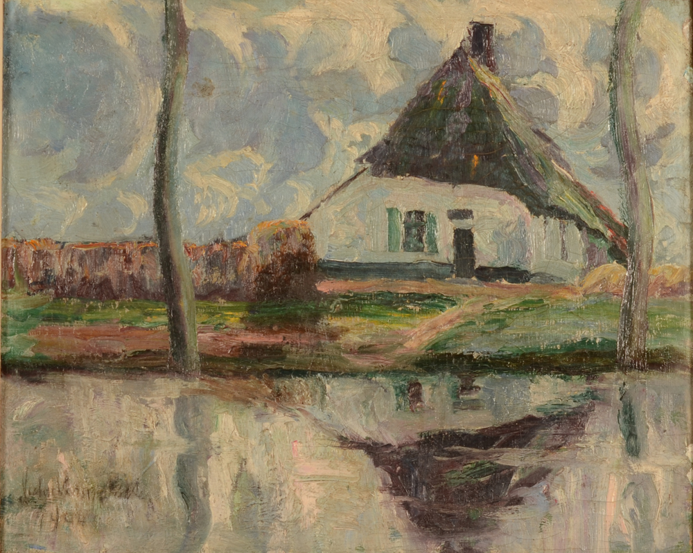Victor Veroughstraete — Vue d'une maison près d'un fleuve, huile sur toile signée et datée