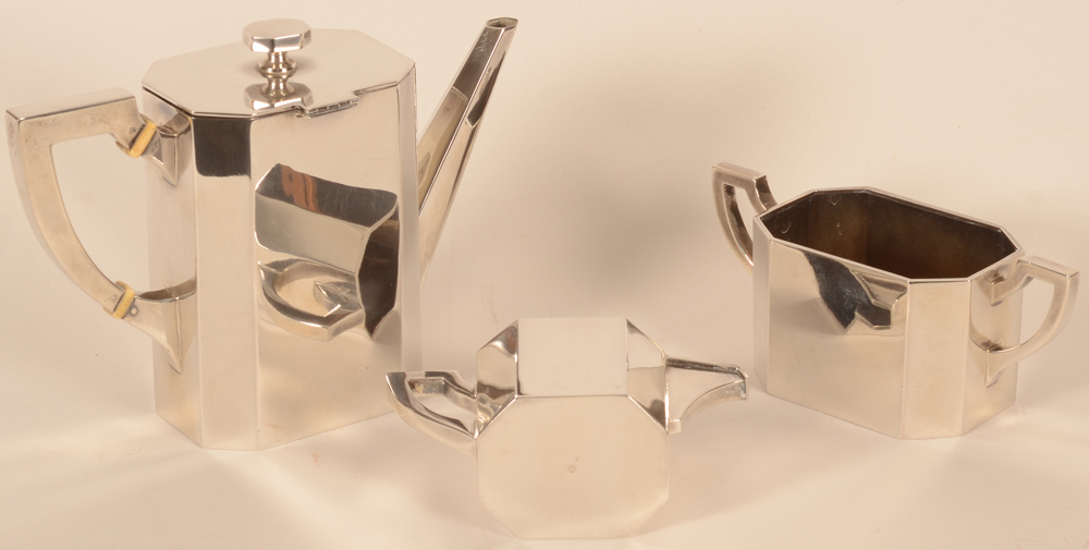 Viennese art deco silver coffee set — Alternate view, showing the hinge of the coffee pot