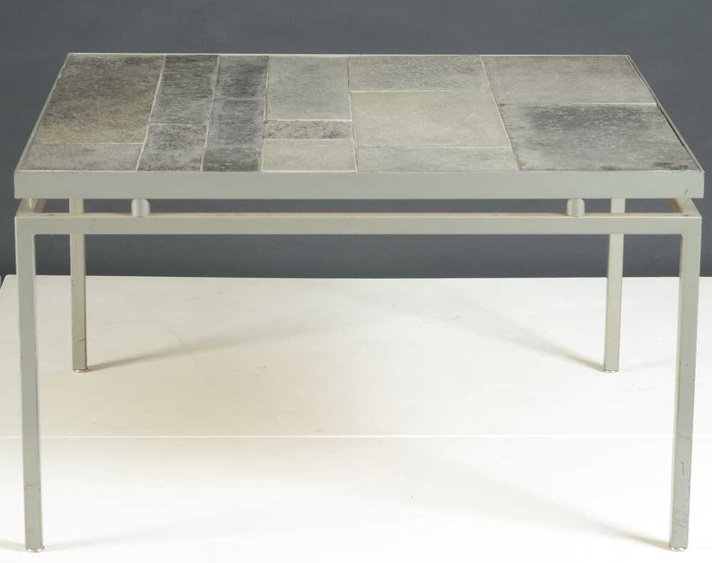 slate coffeetable — Side view, showing the metal base