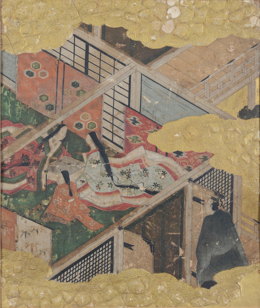 A pair of frames with each three Japanese paintings of court scenes, by an unknown artist, 19th cent — The middle panel of the first frame