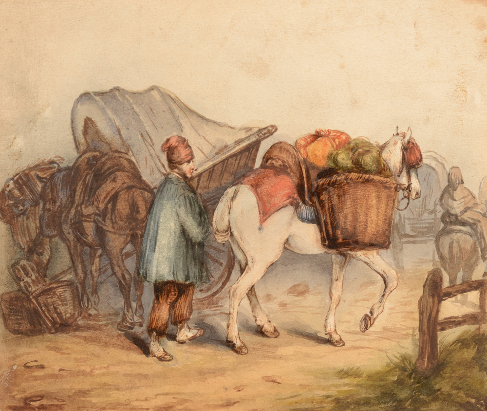 Watercolour travelling vegetable seller — Aquarelle 19me d'un marchand de légumes en route pour un marché