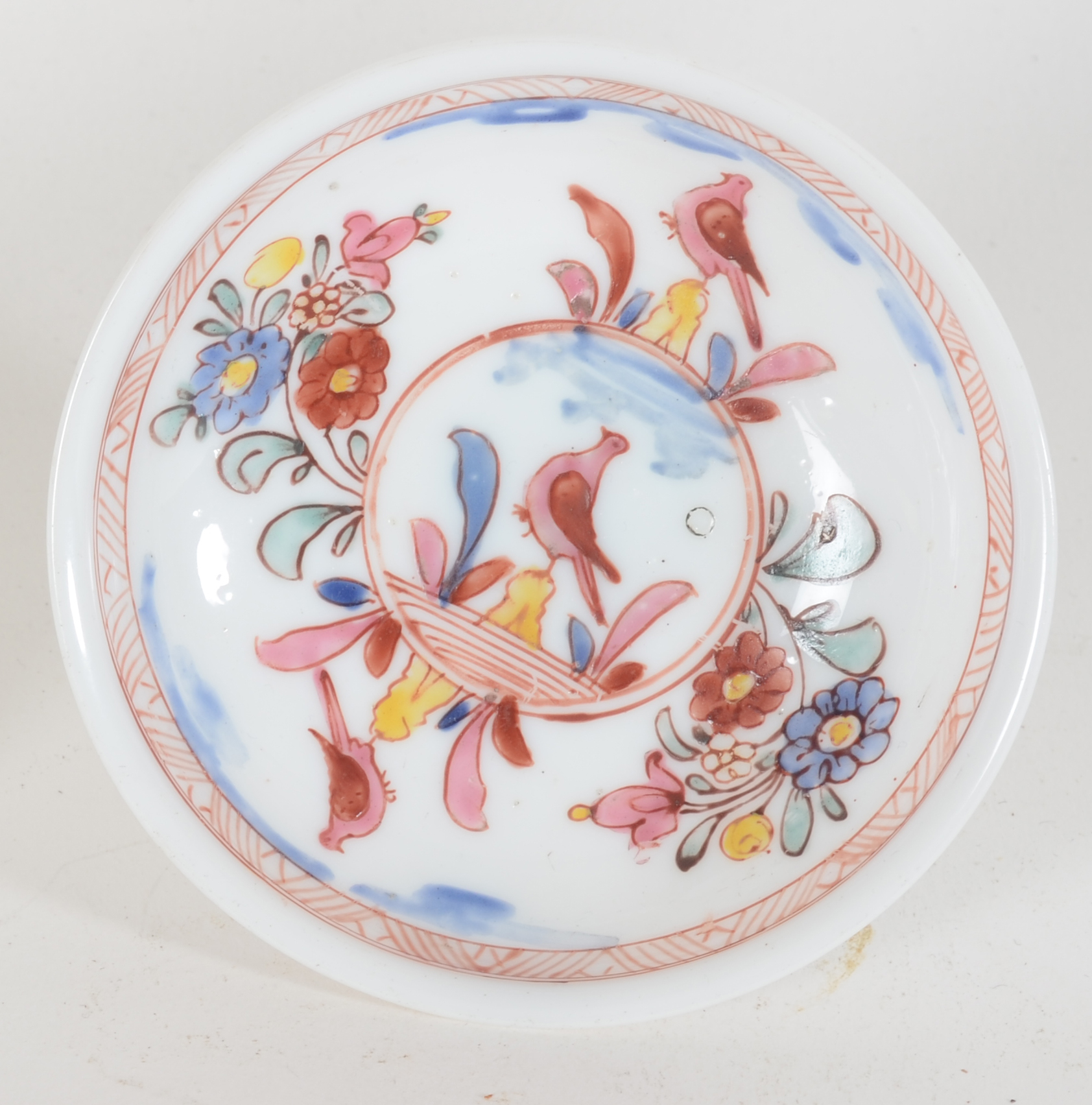 A probably 18th Century white glass (opaline) tazza, painted with flowers and doves — <p>Inside of the bowl with painted decoration in Chinese taste</p>
