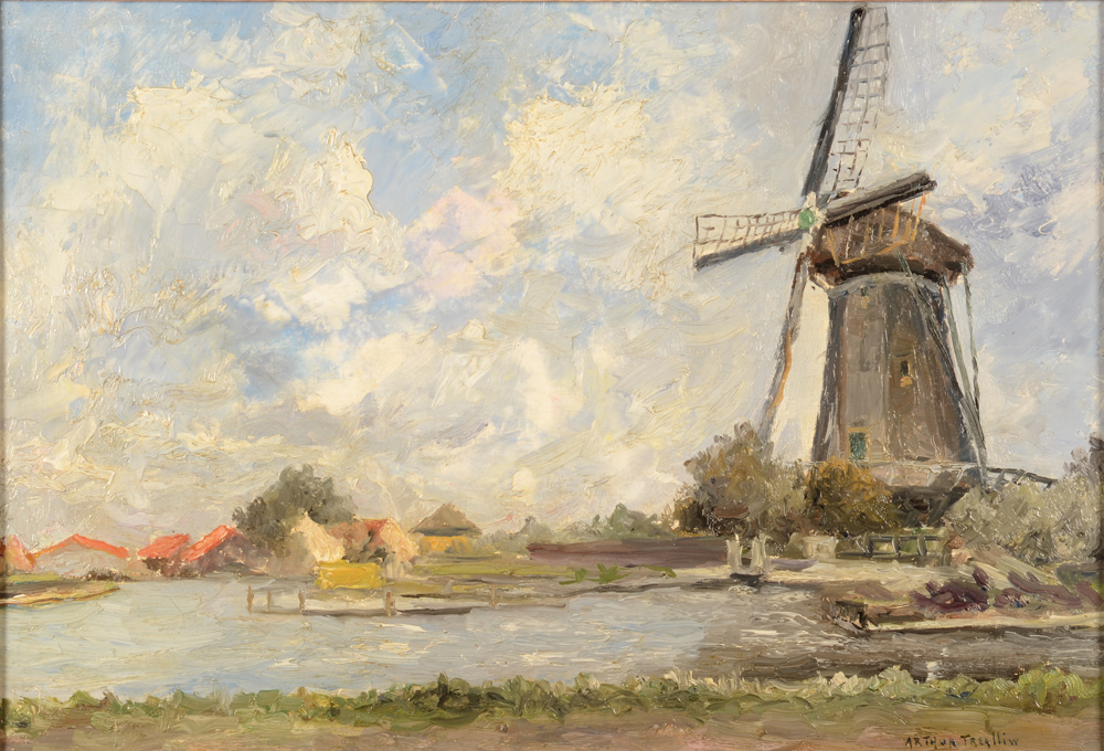 Arthur Willaert — <p>Le moulin à vent à Schiedam (Hollande), peinture impressioniste signée</p>